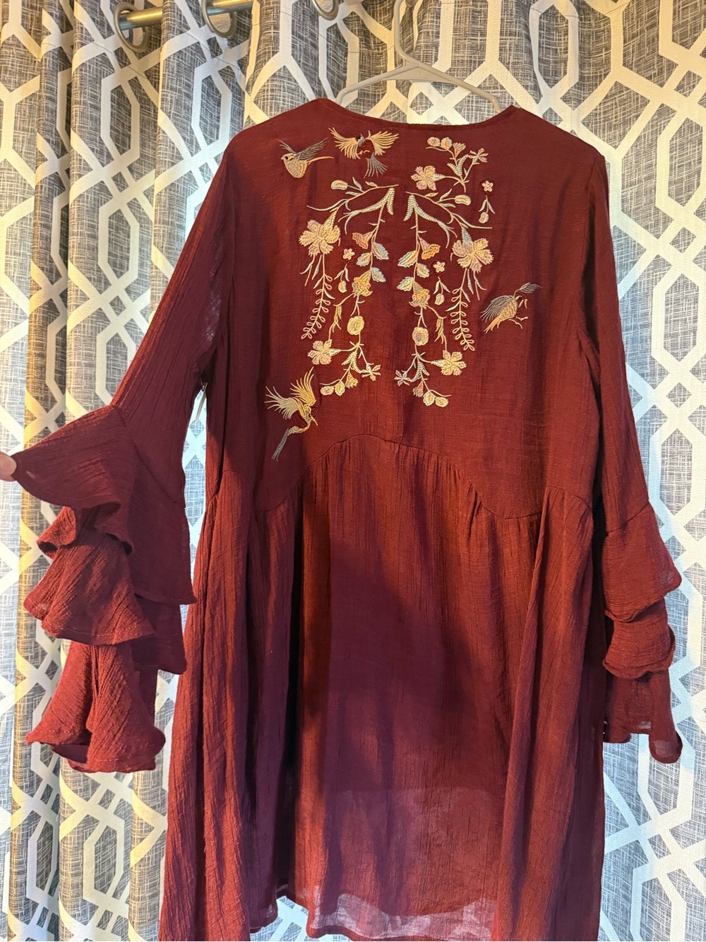 Umgee Burgundy Embroidered Ruffle-Sleeve Tunic